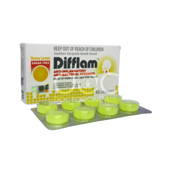 Difflam Anti-Inflammatory Anti-Bacterial Lozenges Honey Lemon for sore throat pain | DoctorOnCall Malaysia